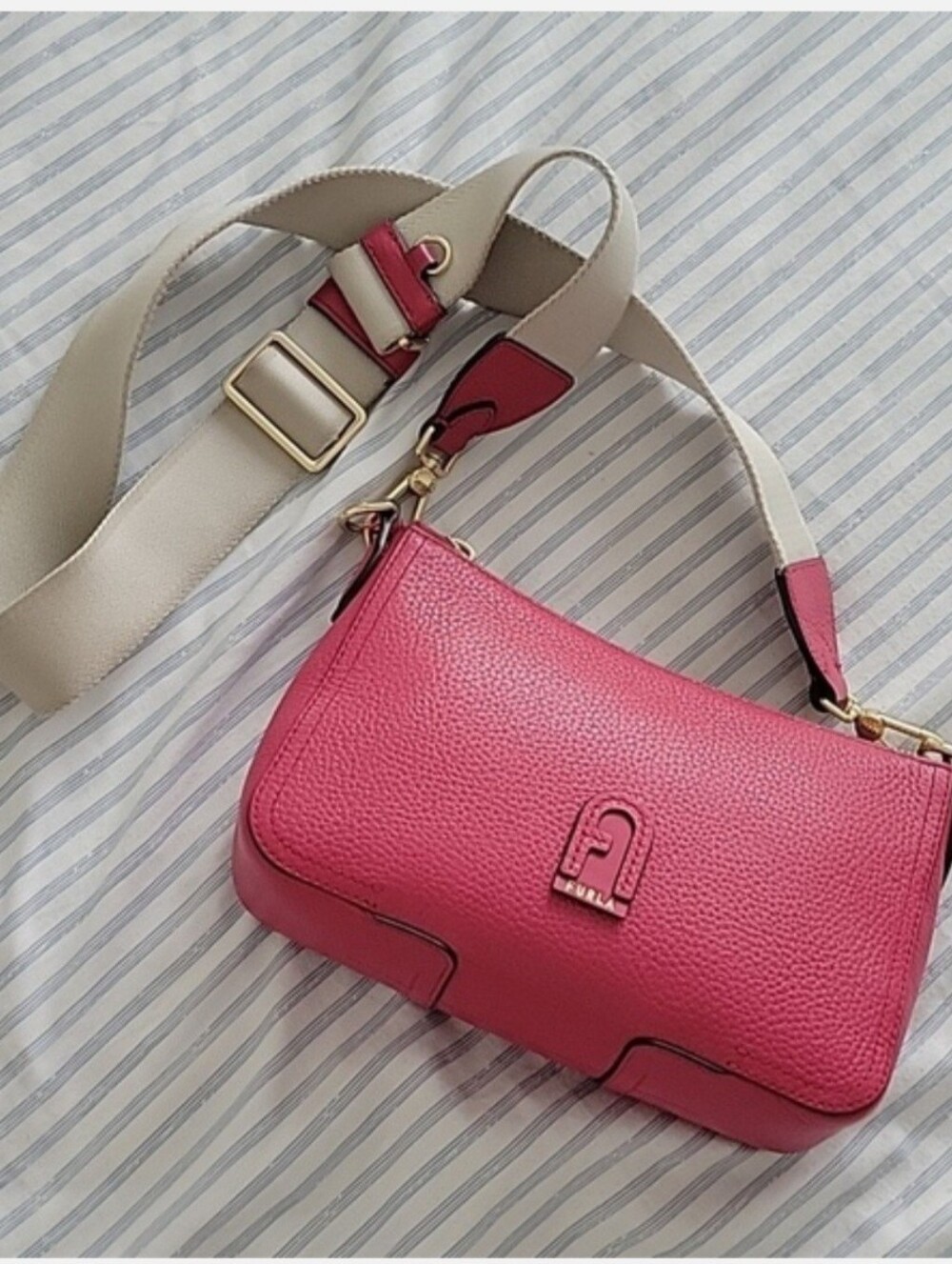 Furla Pink Leather Crossbody with Cream Strap